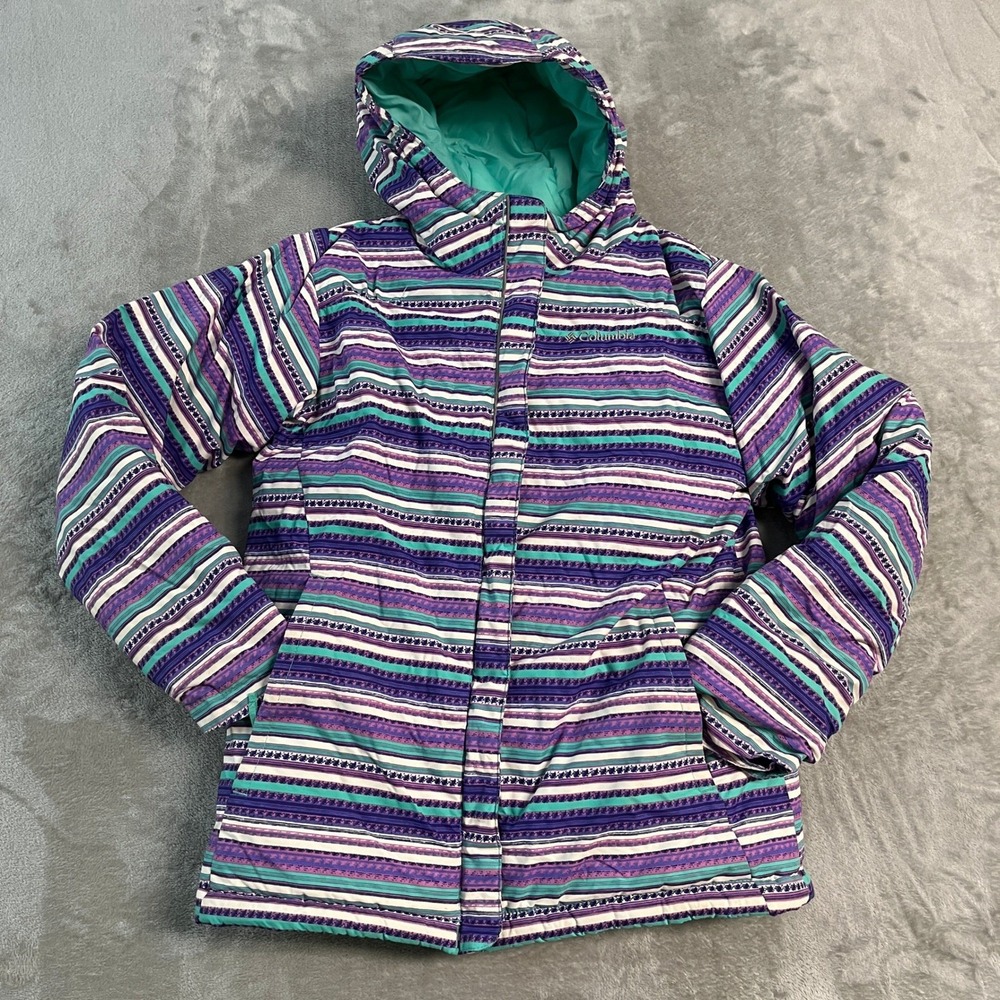 Columbia Girls Purple Teal Striped Insulated Puffer Winter Jacket Hooded L 14/16